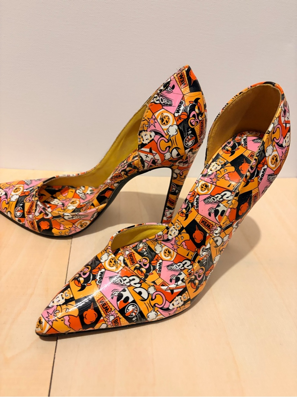 Shoe Republic LA Comic-Print Pointed Stiletto Heels in Pink & Orange